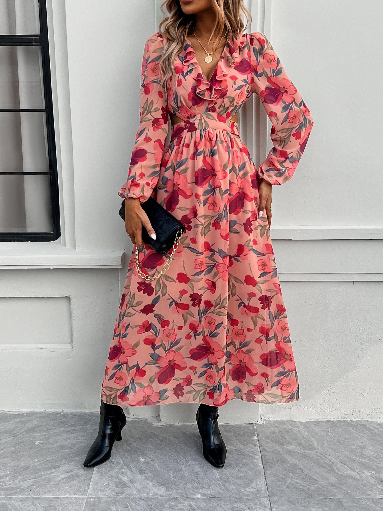 Femyza Floral V-Neck Long Sleeve Dress